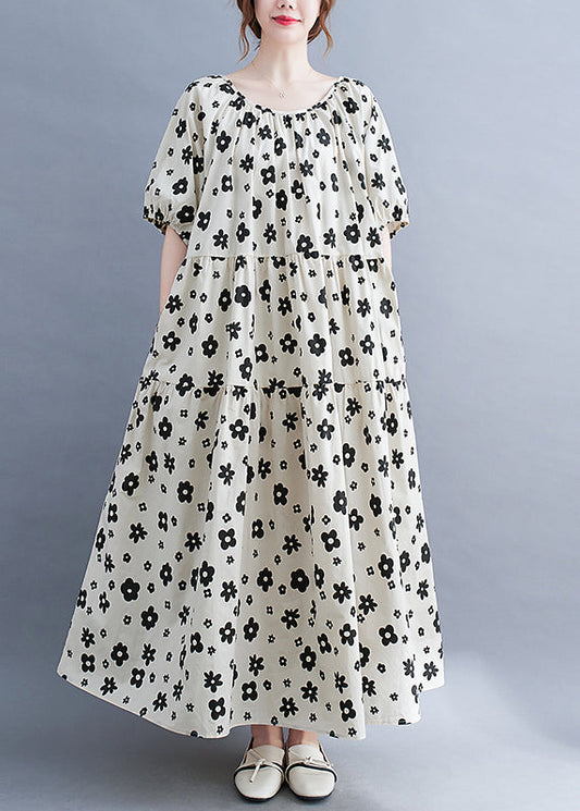 Plus Size White O-Neck wrinkled Floral Print Beach Dress Short Sleeve