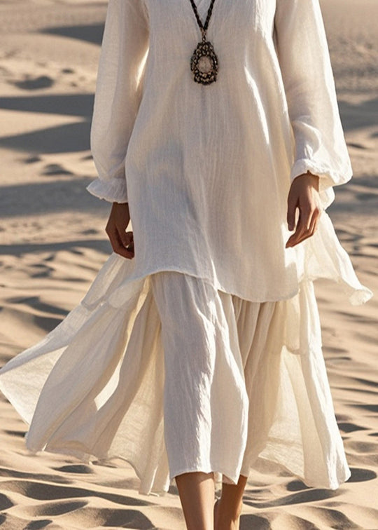 Plus Size White Oversized Cotton Fake Two Piece Dresses Spring