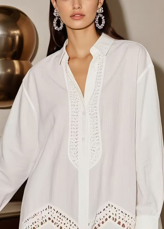 Plus Size White Oversized Hollow Out Cotton Shirt Dress Spring