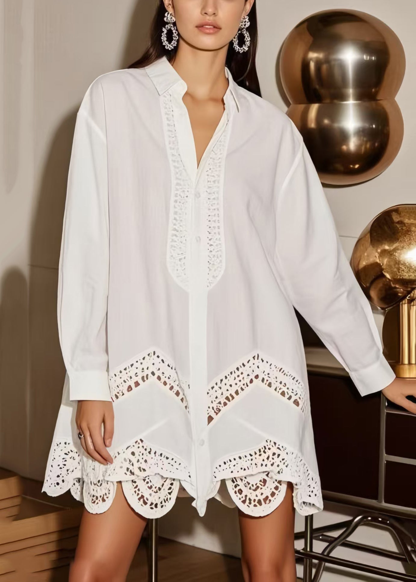 Plus Size White Oversized Hollow Out Cotton Shirt Dress Spring
