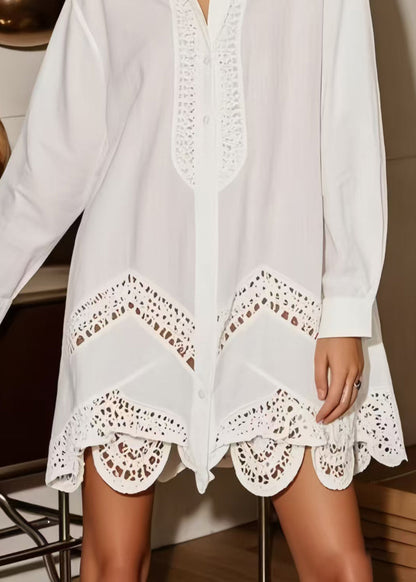 Plus Size White Oversized Hollow Out Cotton Shirt Dress Spring