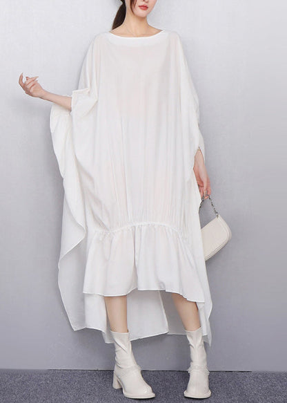 Plus Size White Oversized Low High Design Cotton Dress Batwing Sleeve