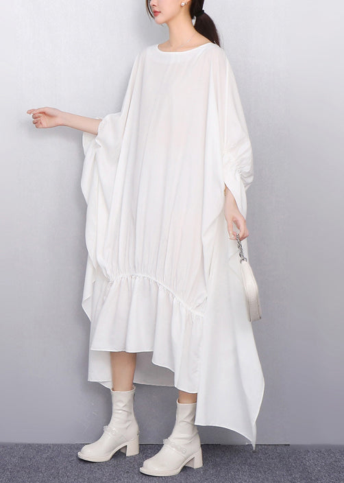 Plus Size White Oversized Low High Design Cotton Dress Batwing Sleeve