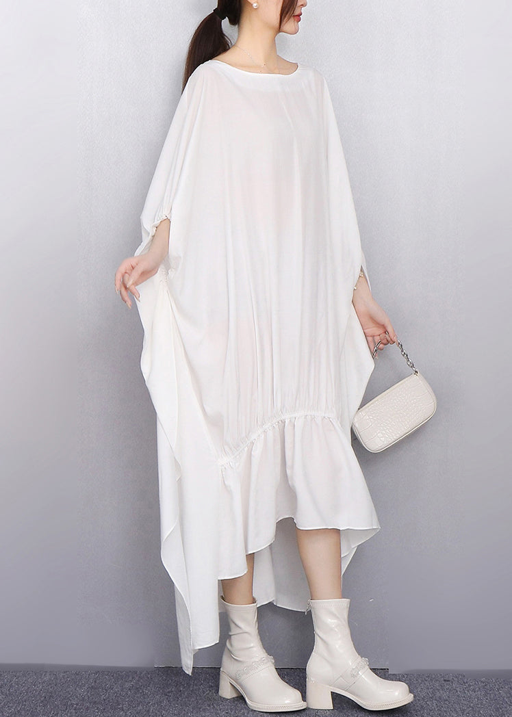 Plus Size White Oversized Low High Design Cotton Dress Batwing Sleeve