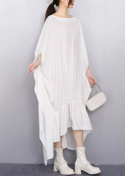 Plus Size White Oversized Low High Design Cotton Dress Batwing Sleeve