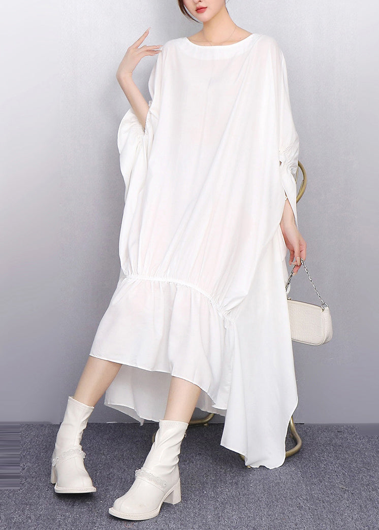 Plus Size White Oversized Low High Design Cotton Dress Batwing Sleeve