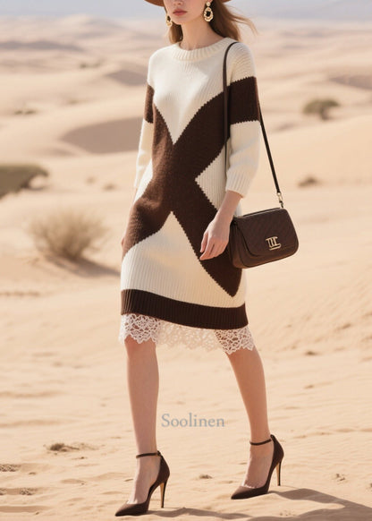 Plus Size White Oversized Patchwork Lace Knitwear Dress Winter