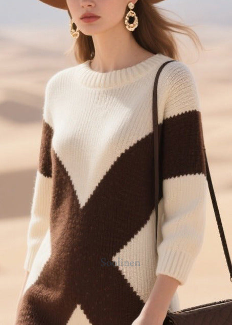 Plus Size White Oversized Patchwork Lace Knitwear Dress Winter