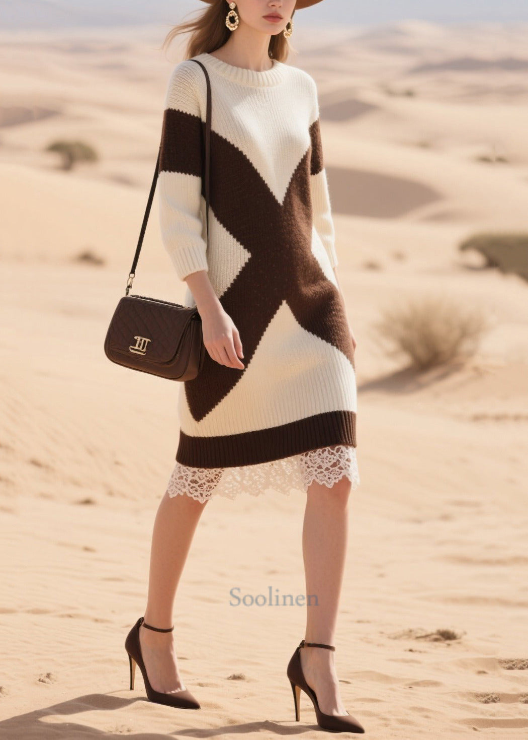 Plus Size White Oversized Patchwork Lace Knitwear Dress Winter