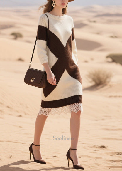 Plus Size White Oversized Patchwork Lace Knitwear Dress Winter