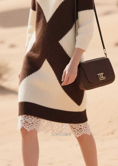 Plus Size White Oversized Patchwork Lace Knitwear Dress Winter