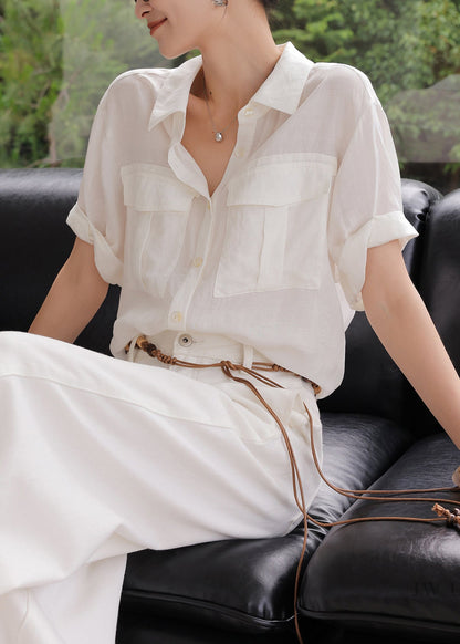 Plus Size White Oversized Pockets Linen Silk Shirt Top Summer