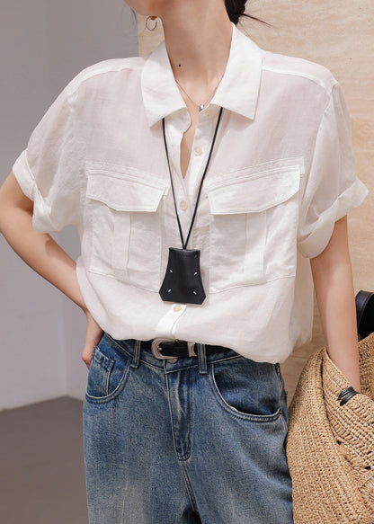 Plus Size White Oversized Pockets Linen Silk Shirt Top Summer