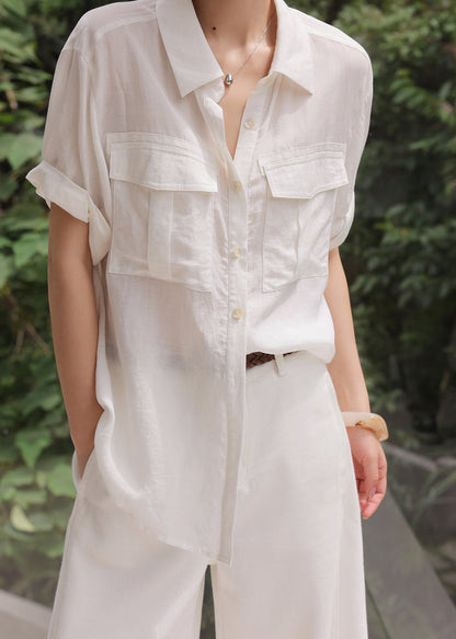 Plus Size White Oversized Pockets Linen Silk Shirt Top Summer