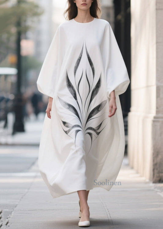 Plus Size White Oversized Print Chiffon Dress Lantern Sleeve