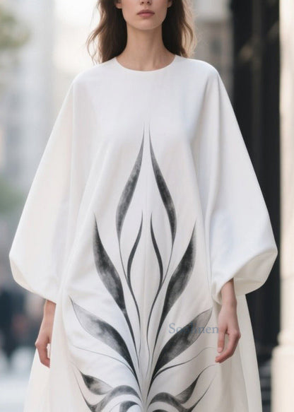 Plus Size White Oversized Print Chiffon Dress Lantern Sleeve