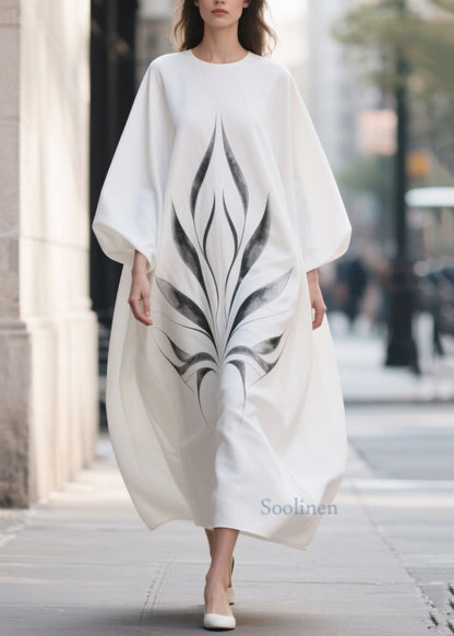 Plus Size White Oversized Print Chiffon Dress Lantern Sleeve