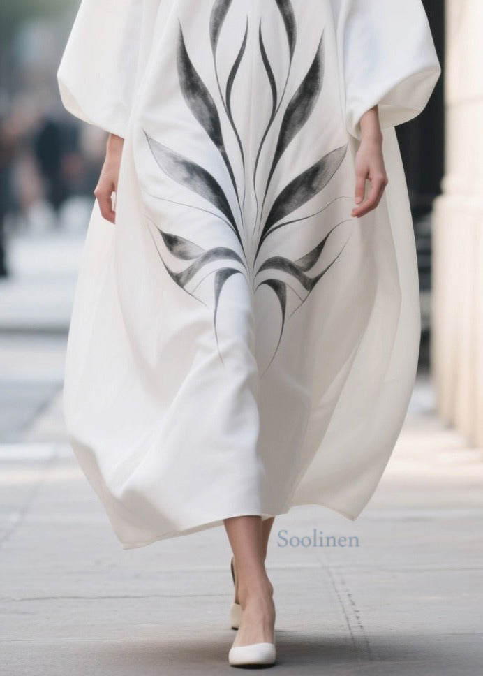 Plus Size White Oversized Print Chiffon Dress Lantern Sleeve