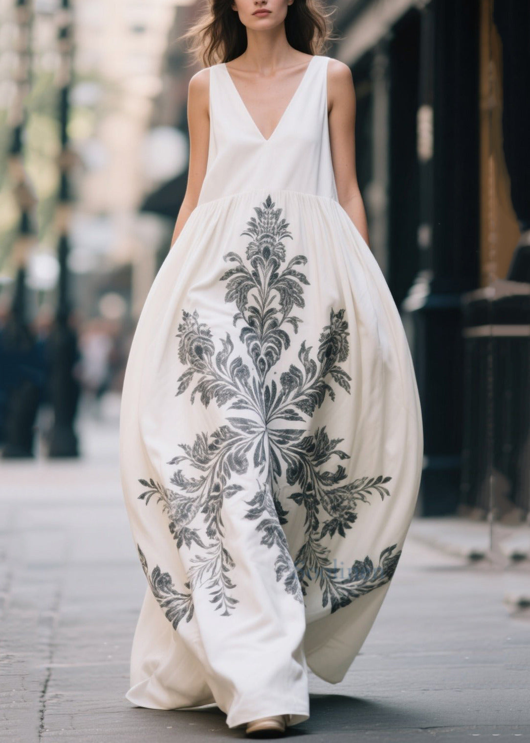 Plus Size White Oversized Print Cotton Maxi Dress Summer