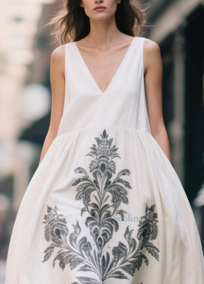 Plus Size White Oversized Print Cotton Maxi Dress Summer