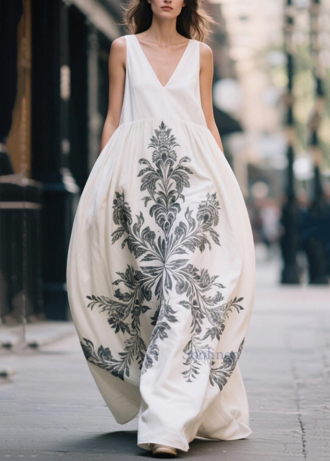 Plus Size White Oversized Print Cotton Maxi Dress Summer