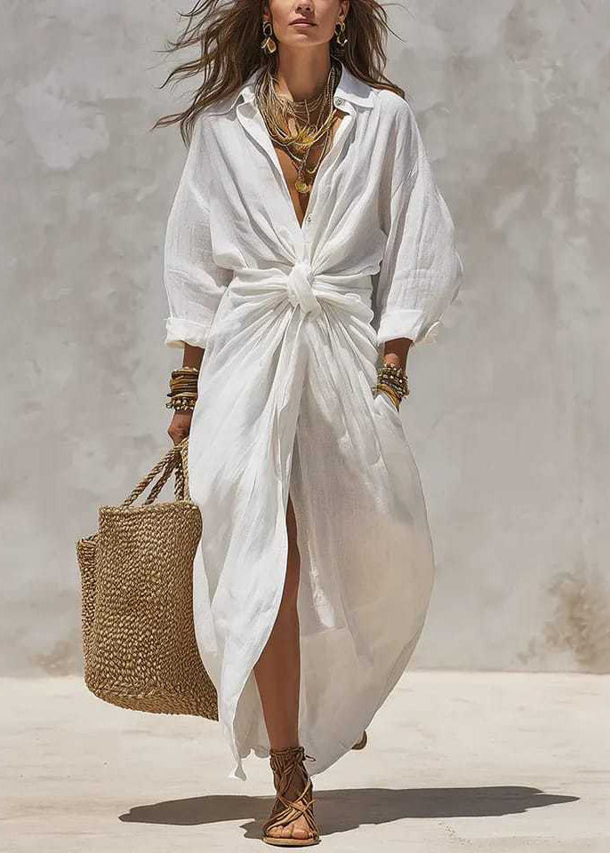 Plus Size White Patchwork Button Solid Maxi Dress Long Sleeve