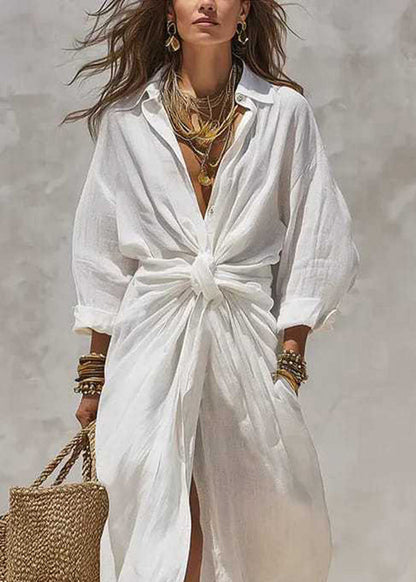 Plus Size White Patchwork Button Solid Maxi Dress Long Sleeve