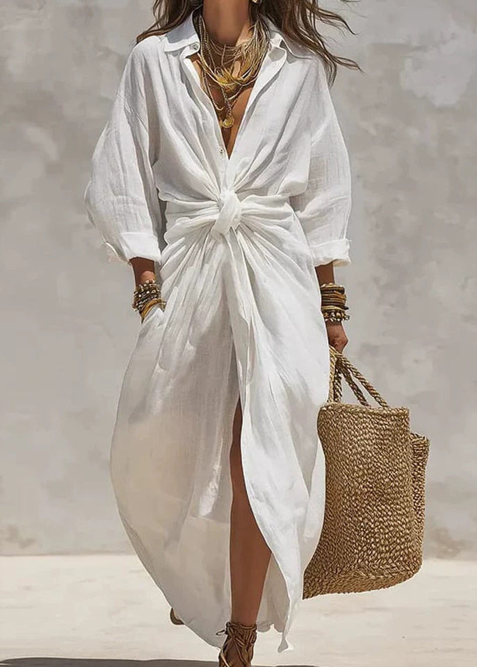 Plus Size White Patchwork Button Solid Maxi Dress Long Sleeve