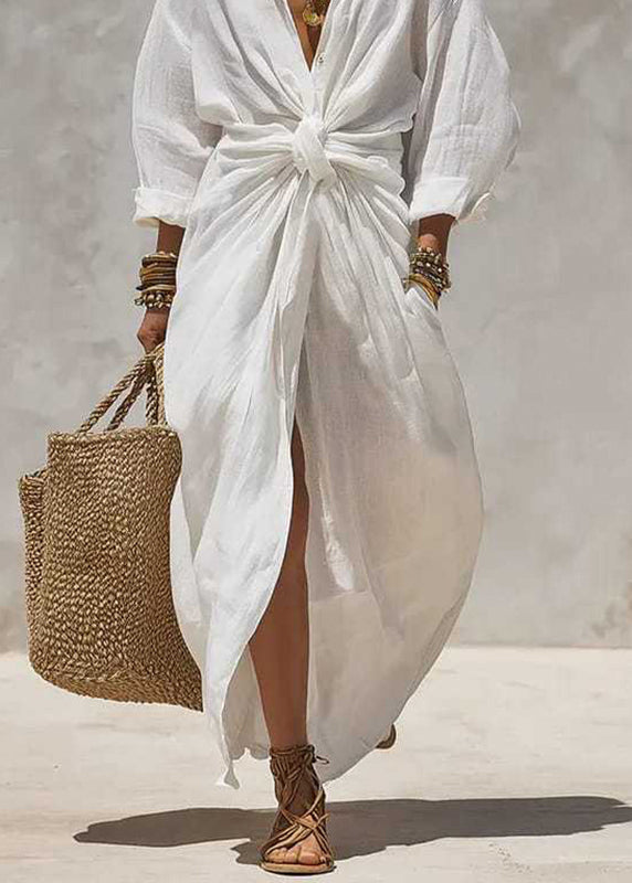 Plus Size White Patchwork Button Solid Maxi Dress Long Sleeve