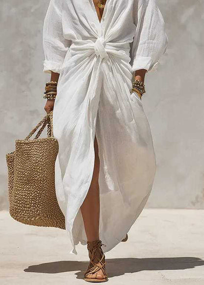 Plus Size White Patchwork Button Solid Maxi Dress Long Sleeve