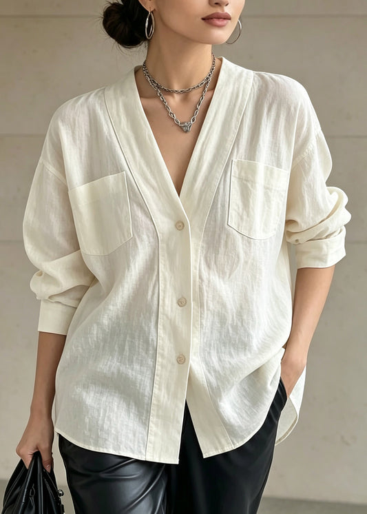 Plus Size White Patchwork Button Solid Shirts Fall