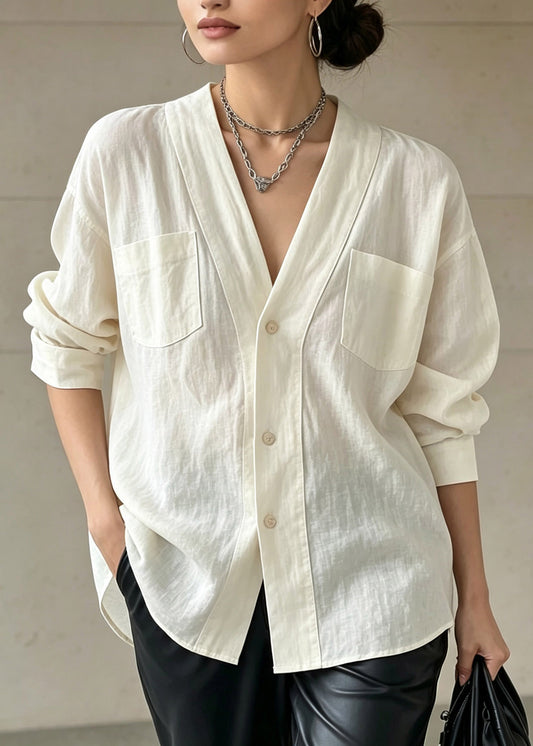 Plus Size White Patchwork Button Solid Shirts Fall