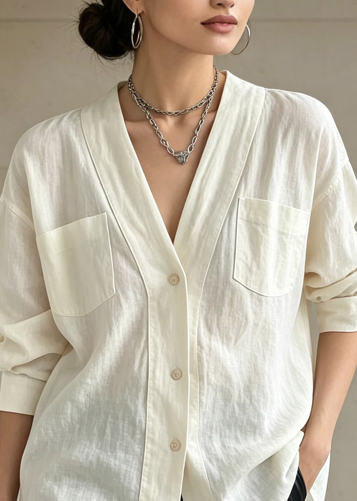 Plus Size White Patchwork Button Solid Shirts Fall