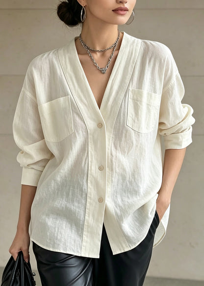 Plus Size White Patchwork Button Solid Shirts Fall