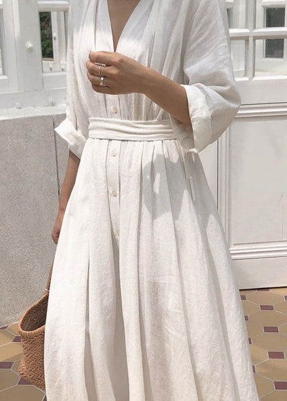 Plus Size White Patchwork Cotton Dress V Neck Spring