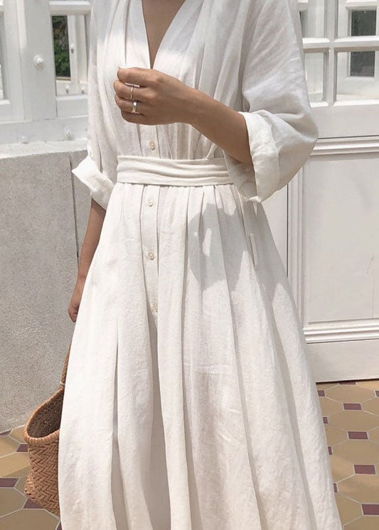 Plus Size White Patchwork Cotton Dress V Neck Spring