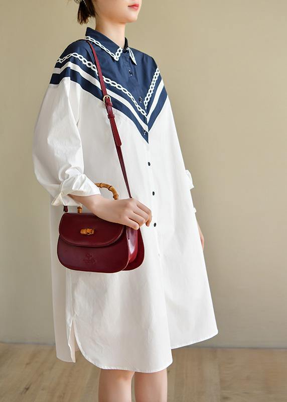 Plus Size White Patchwork Peter Pan Collar Cotton Long sleeve Spring Dresses - SooLinen