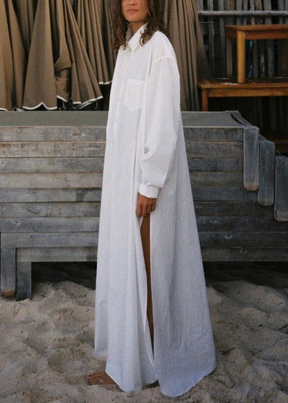 Plus Size White Peter Pan Collar Button Cotton Maxi Dress Fall