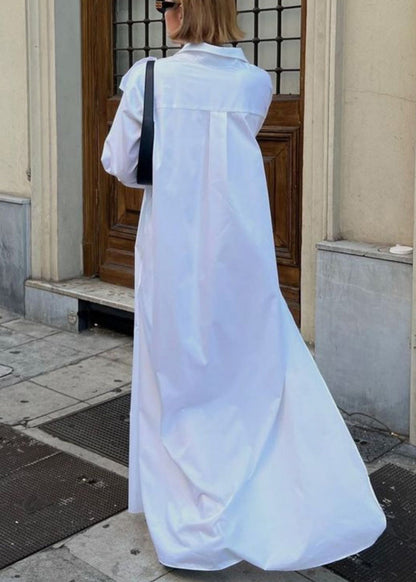 Plus Size White Peter Pan Collar Button Cotton Maxi Dress Fall