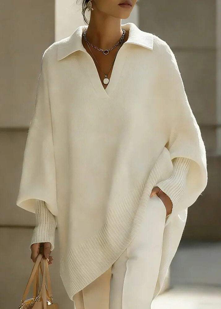 Plus Size White Peter Pan Collar Patchwork Solid Knit Sweaters Fall