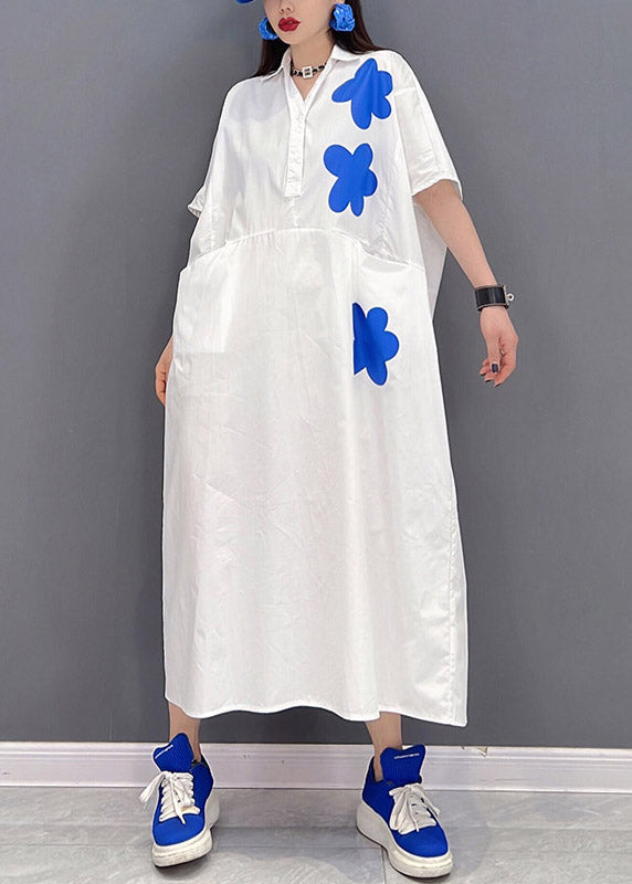 Plus Size White Peter Pan Collar Print Long Dresses Short Sleeve