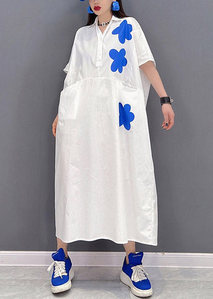 Plus Size White Peter Pan Collar Print Long Dresses Short Sleeve