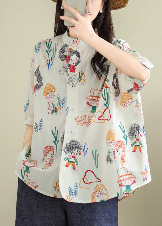 Plus Size White Print Button Shirts Summer