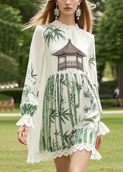 Plus Size White Print Patchwork Lace Chiffon Work Dress Summer