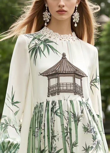 Plus Size White Print Patchwork Lace Chiffon Work Dress Summer