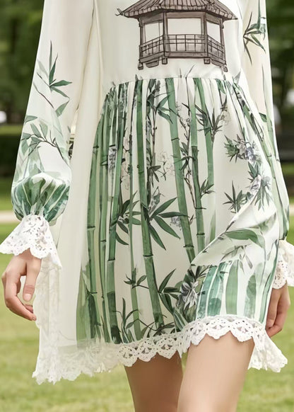 Plus Size White Print Patchwork Lace Chiffon Work Dress Summer