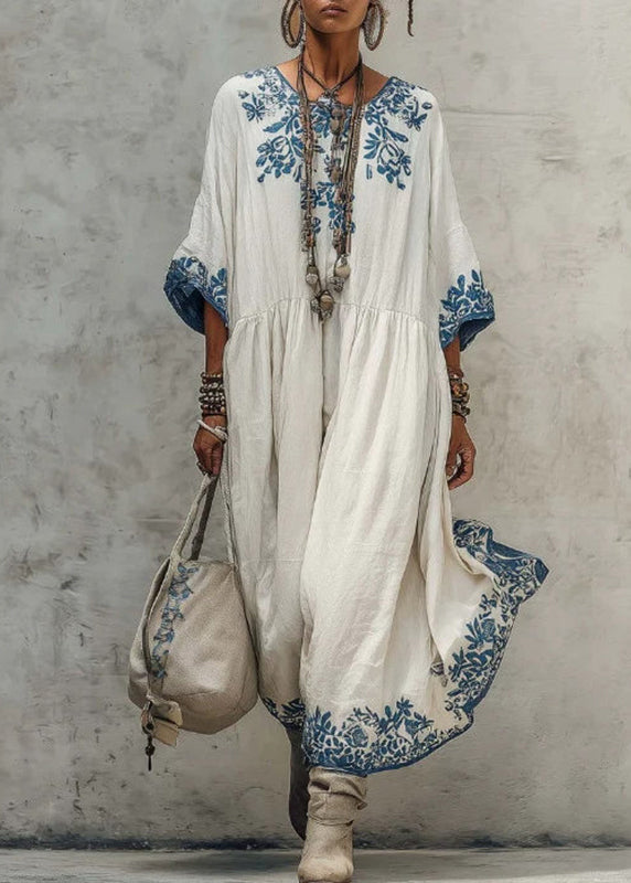 Plus Size White Print Wrinkled Long Dresses Half Sleeve