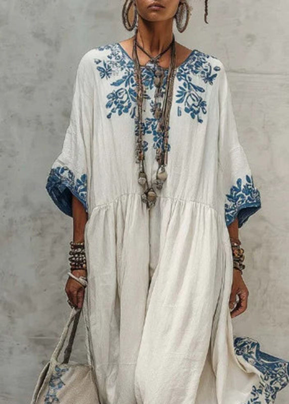 Plus Size White Print Wrinkled Long Dresses Half Sleeve