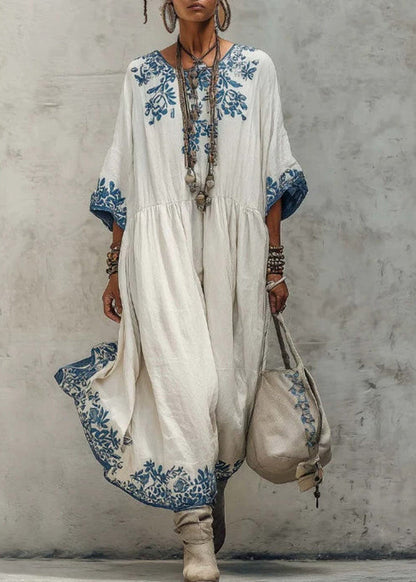 Plus Size White Print Wrinkled Long Dresses Half Sleeve