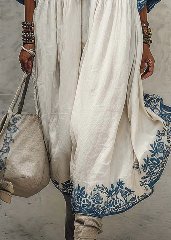 Plus Size White Print Wrinkled Long Dresses Half Sleeve